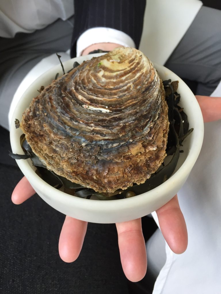 Hand-size oyster at Geranium- Copenhagen, Denmark